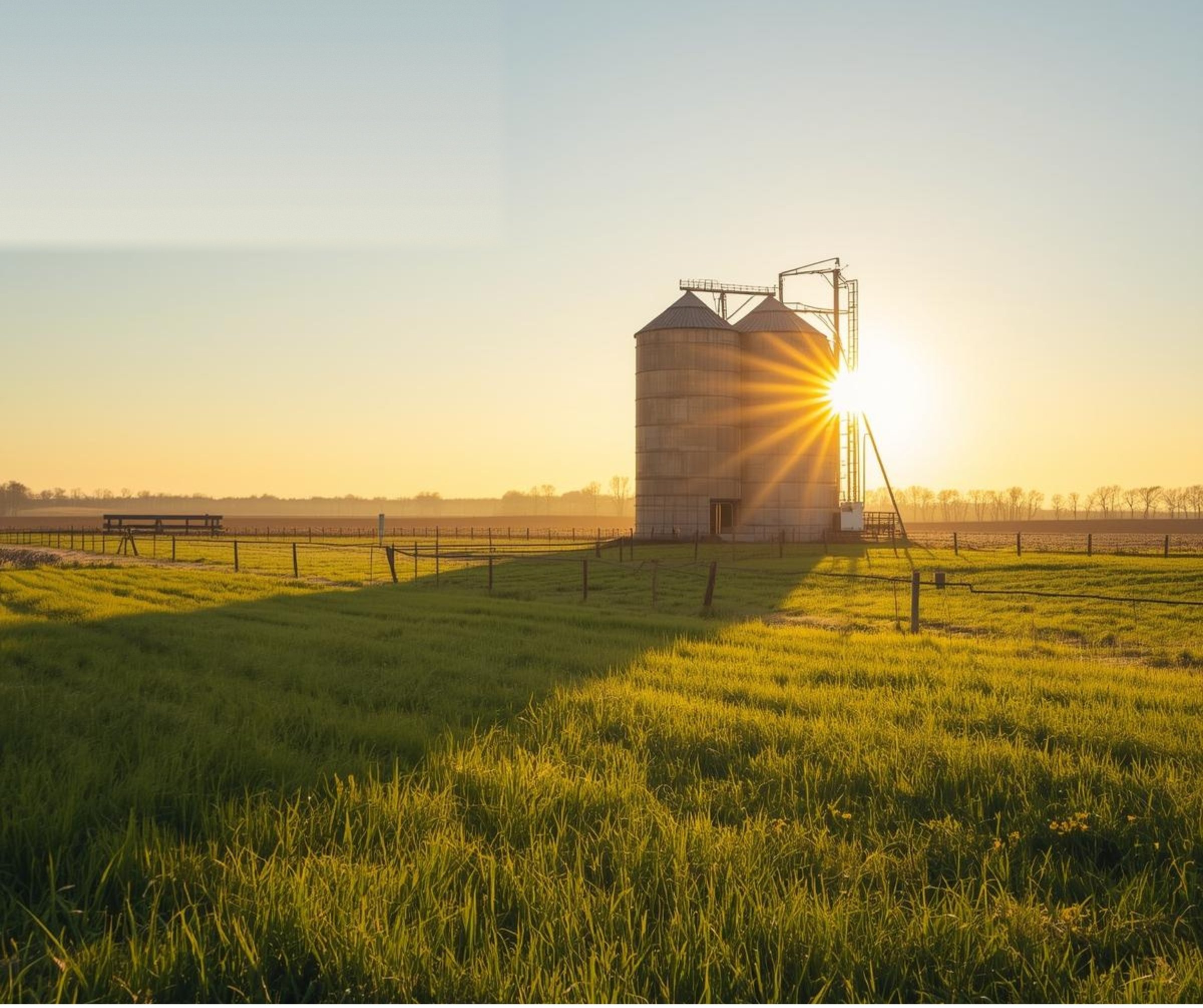 Grain bin at sunset in a field — CFI Industries services for grain farms, mills and agricultural facilities across Quebec.